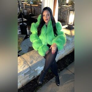 💚 Akira Loverboy Lime Green Faux Fur Jacket Size 3X 💚 Grinch Mama 😜